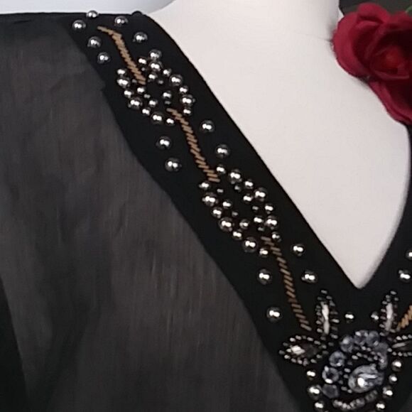Charming Charlie Sheer Sparkly Gem Bead Embellished Black Blouse Size Small - Picture 7 of 10